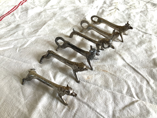 Six Vintage 1940s Antique Vintage Shaped Knife Rests French Tarnished Original Wild Boar, Bear, Cat, two Dogs, Squirrel. Untitled Jan7_12:35