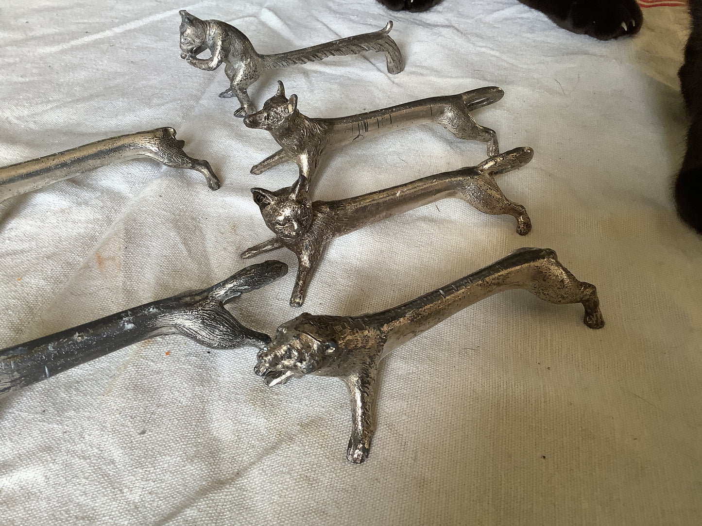 Six Vintage 1940s Antique Vintage Shaped Knife Rests French Tarnished Original Wild Boar, Bear, Cat, two Dogs, Squirrel. Untitled Jan7_12:35