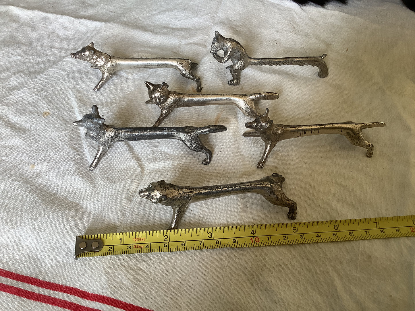 Six Vintage 1940s Antique Vintage Shaped Knife Rests French Tarnished Original Wild Boar, Bear, Cat, two Dogs, Squirrel. Untitled Jan7_12:35