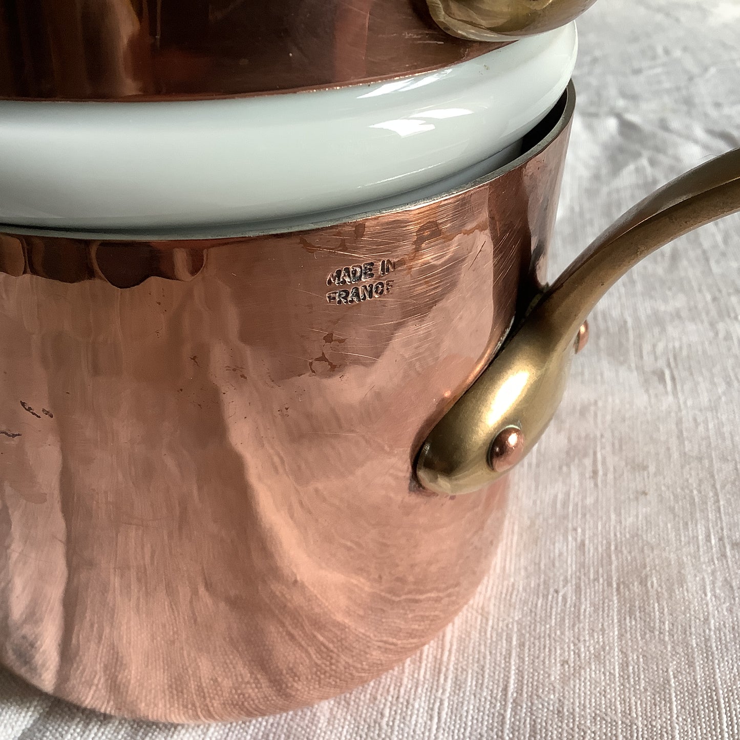 Small Sized Copper and Porcelain Double Boiler Marie Bain made in France APILCO on porcelain Weighs 1.75 kilos Chocolate Pot