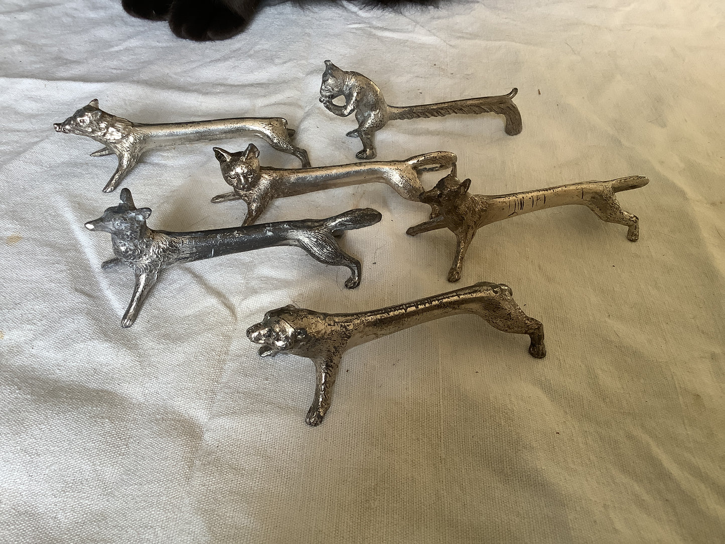 Six Vintage 1940s Antique Vintage Shaped Knife Rests French Tarnished Original Wild Boar, Bear, Cat, two Dogs, Squirrel. Untitled Jan7_12:35