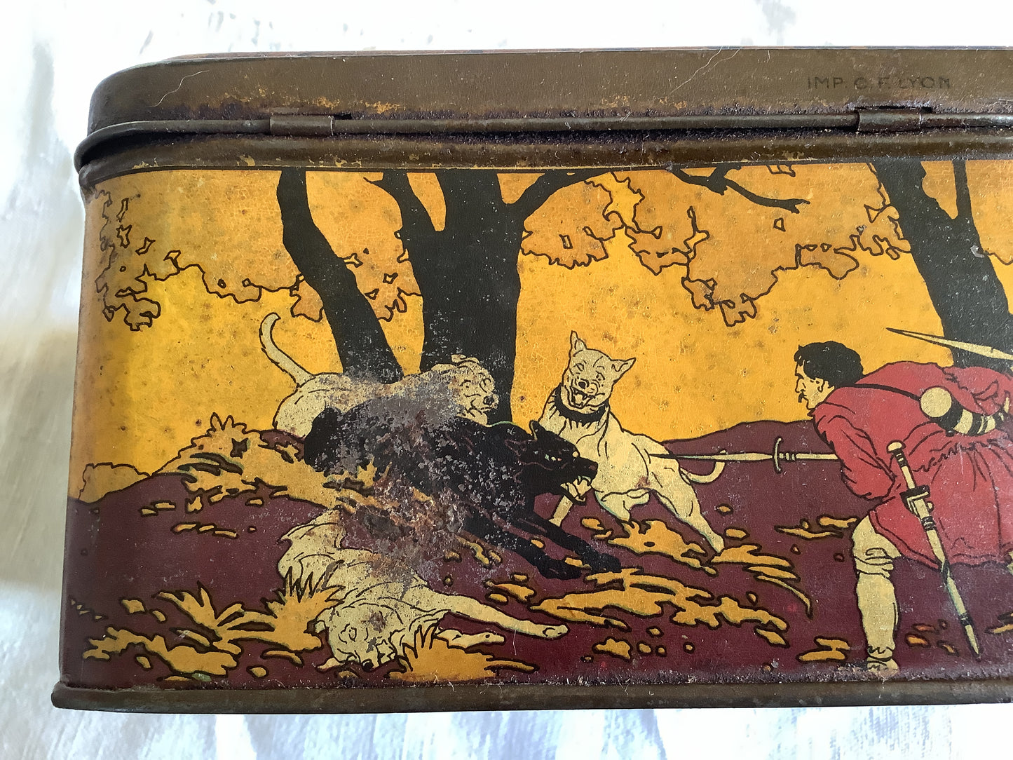 Vintage 1920s Tin Box Made in France, King Arthur On horse with knights of the Round table. See photos for damage.