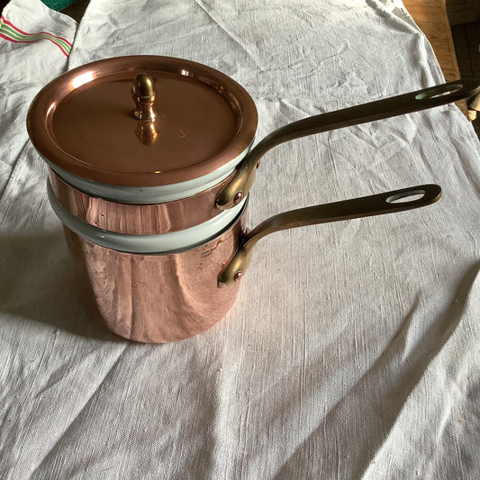 Small Sized Copper and Porcelain Double Boiler Marie Bain made in France APILCO on porcelain Weighs 1.75 kilos Chocolate Pot