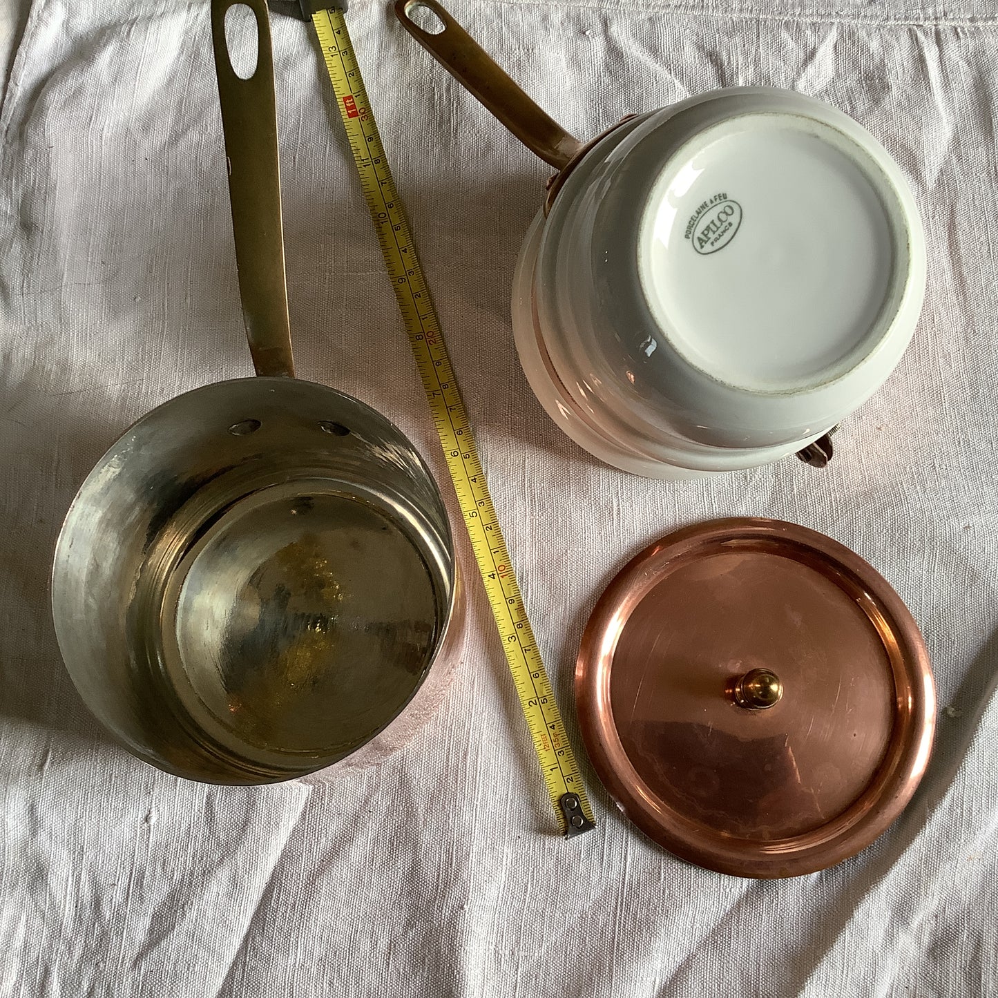 Small Sized Copper and Porcelain Double Boiler Marie Bain made in France APILCO on porcelain Weighs 1.75 kilos Chocolate Pot