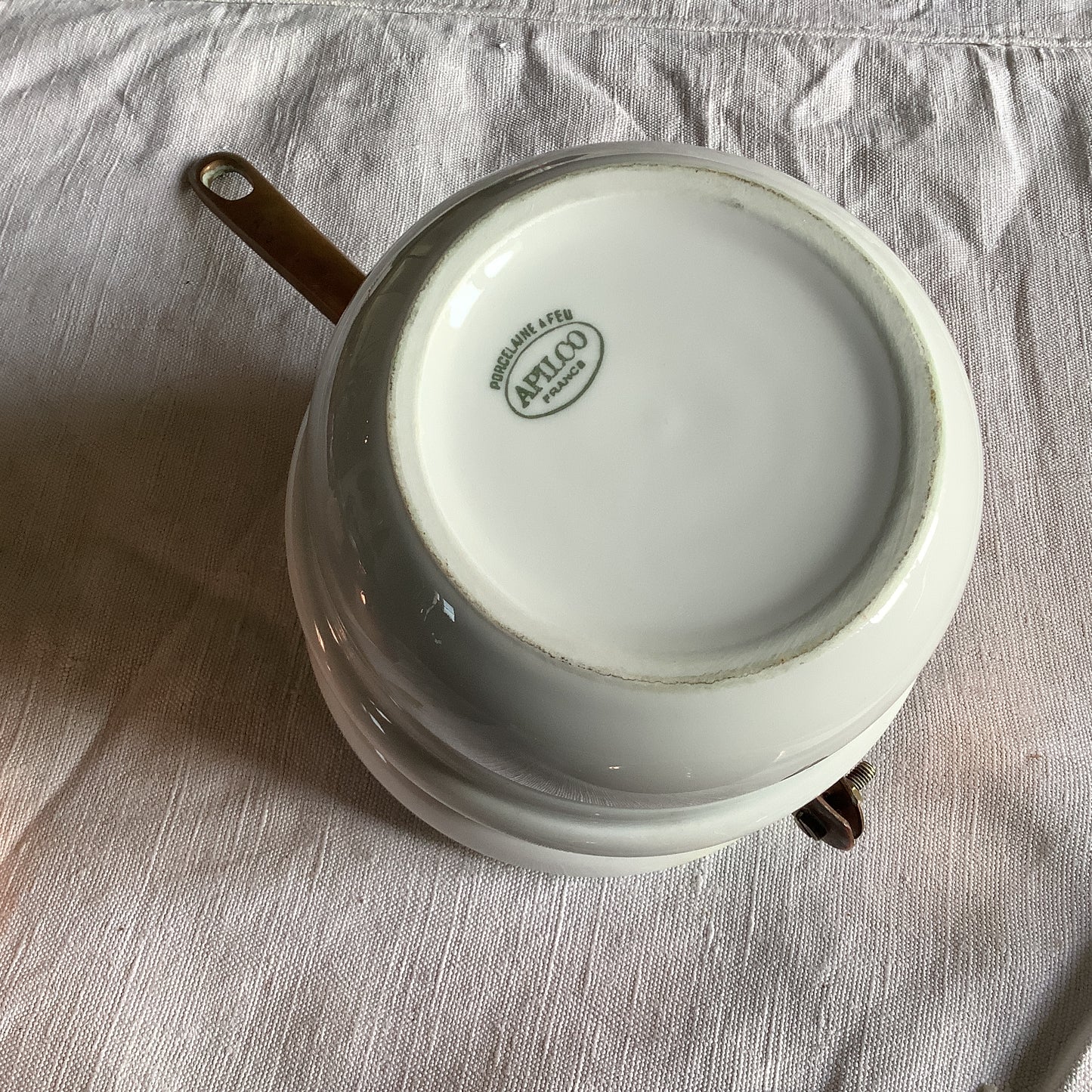 Small Sized Copper and Porcelain Double Boiler Marie Bain made in France APILCO on porcelain Weighs 1.75 kilos Chocolate Pot