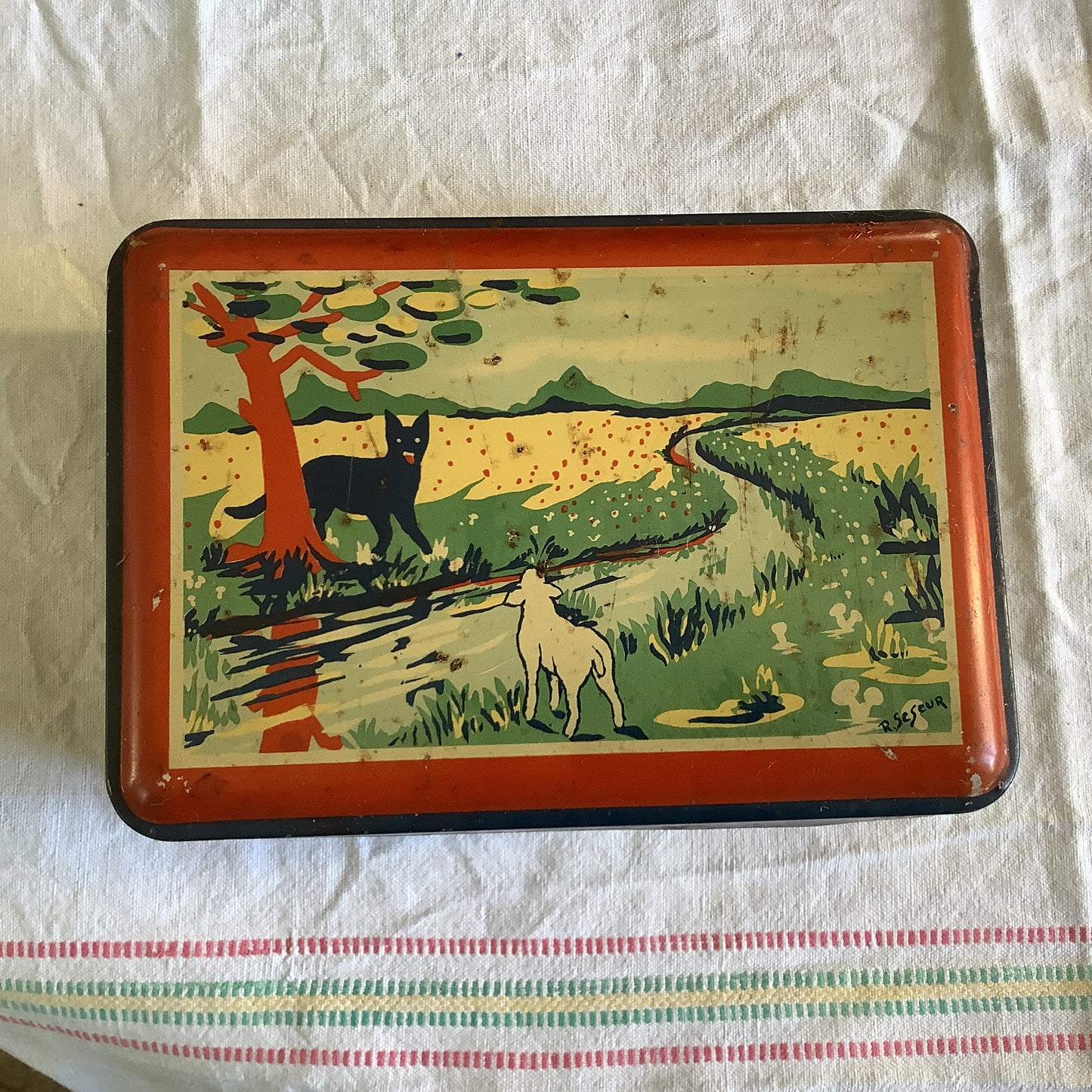 Vintage 1940s Tin Box Made in France Child Fables Wolf, Lamb, Tortoise and the Hare, Artist name R. Seseur