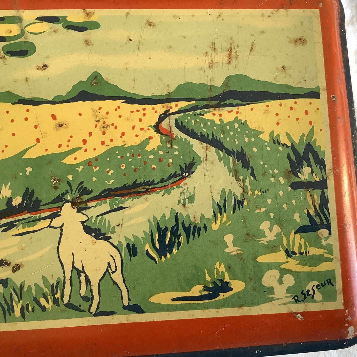 Vintage 1940s Tin Box Made in France Child Fables Wolf, Lamb, Tortoise and the Hare, Artist name R. Seseur