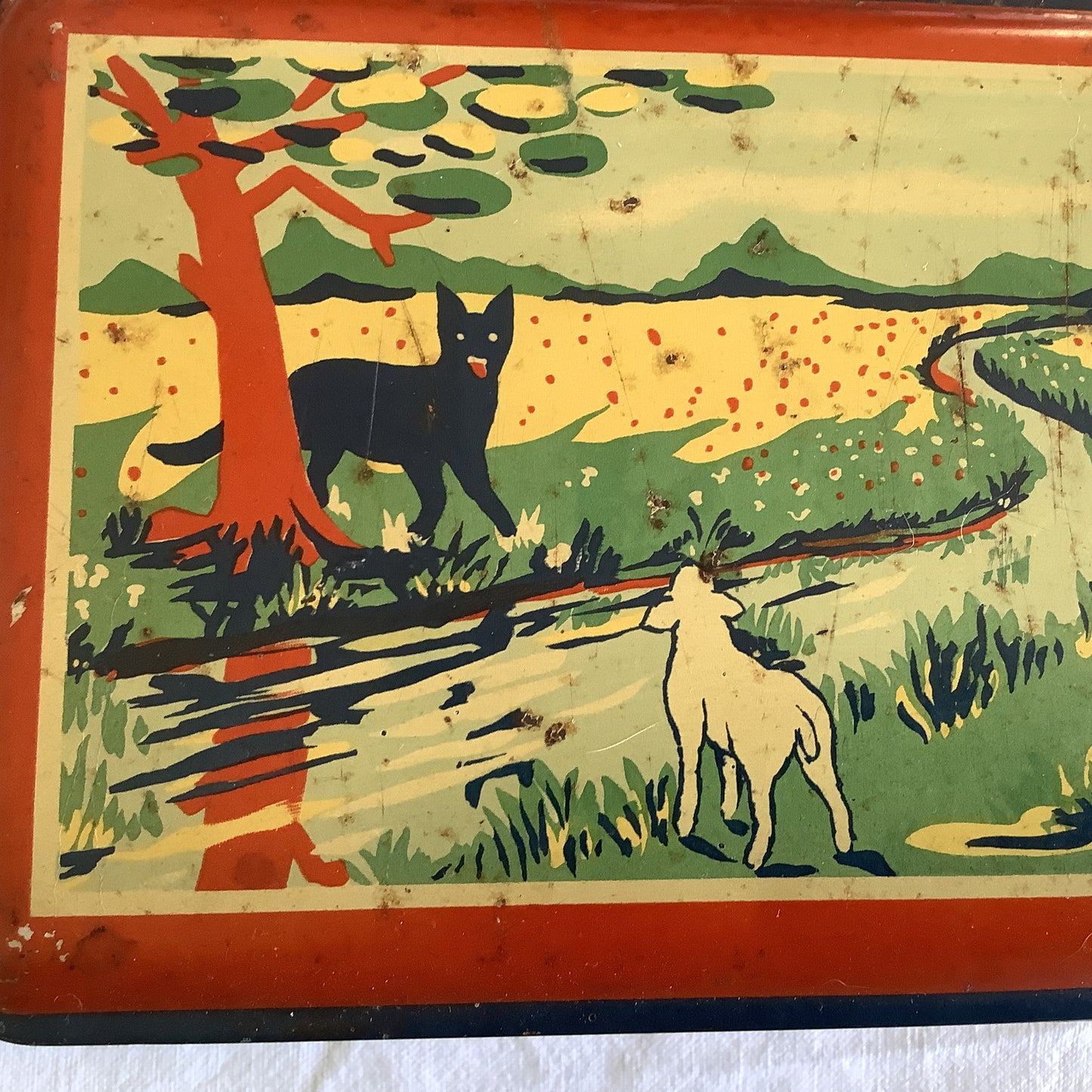 Vintage 1940s Tin Box Made in France Child Fables Wolf, Lamb, Tortoise and the Hare, Artist name R. Seseur