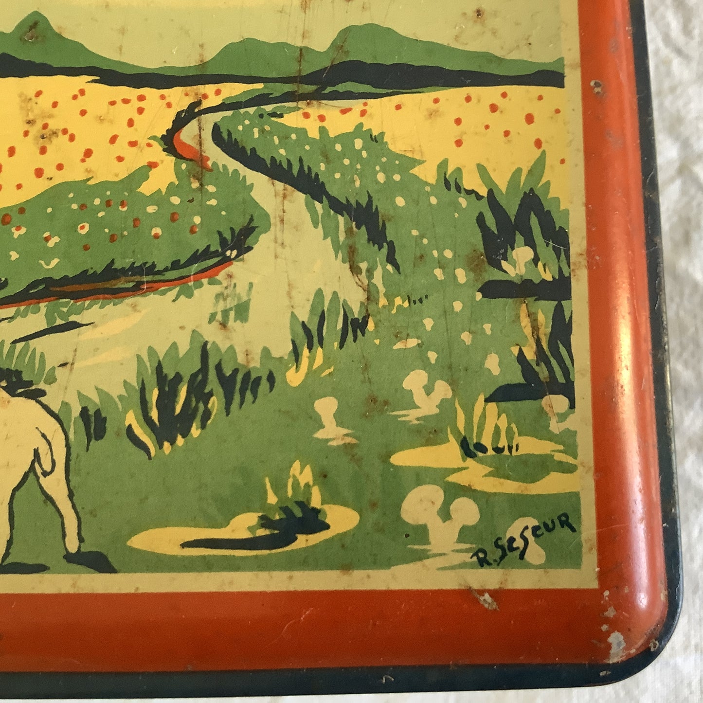 Vintage 1940s Tin Box Made in France Child Fables Wolf, Lamb, Tortoise and the Hare, Artist name R. Seseur