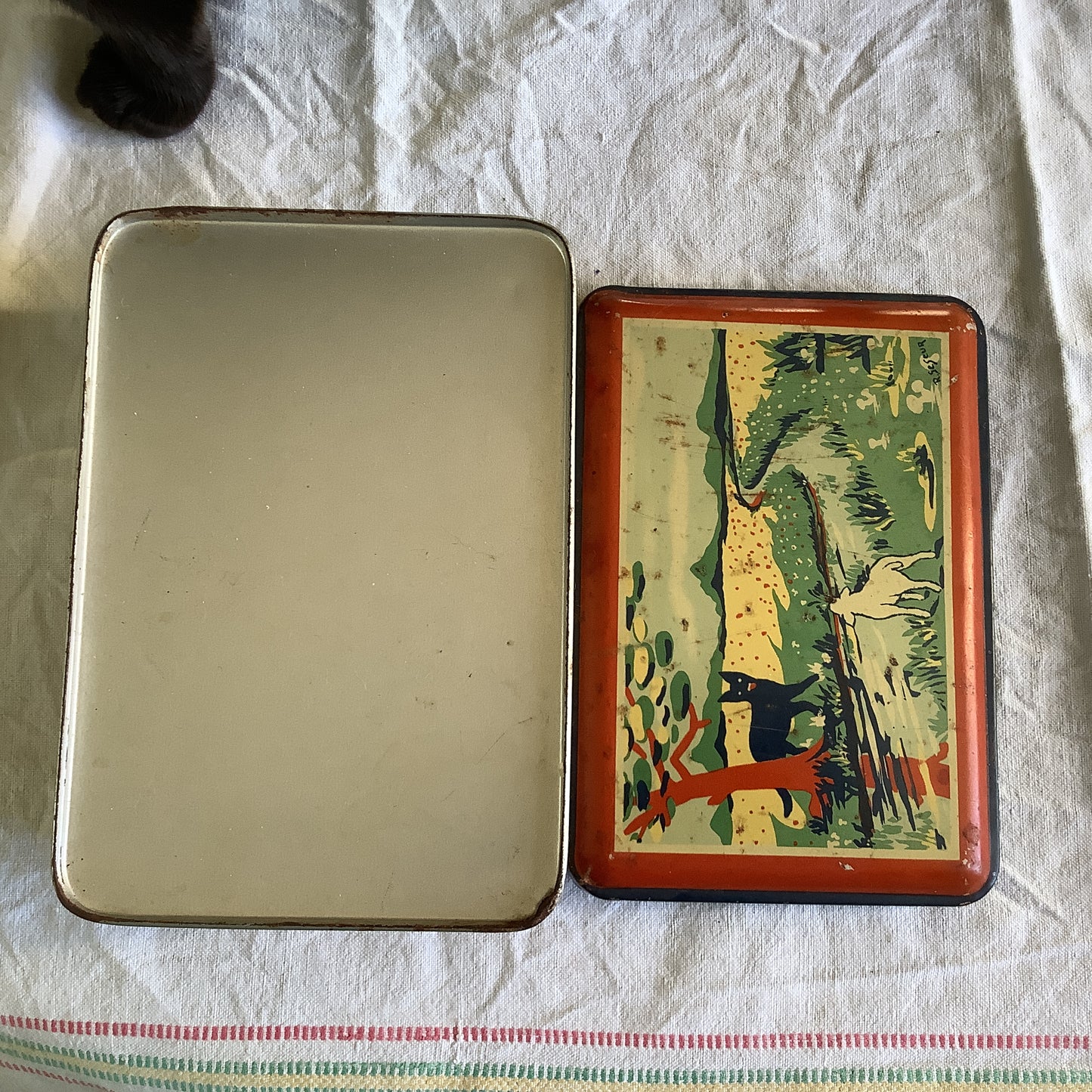 Vintage 1940s Tin Box Made in France Child Fables Wolf, Lamb, Tortoise and the Hare, Artist name R. Seseur