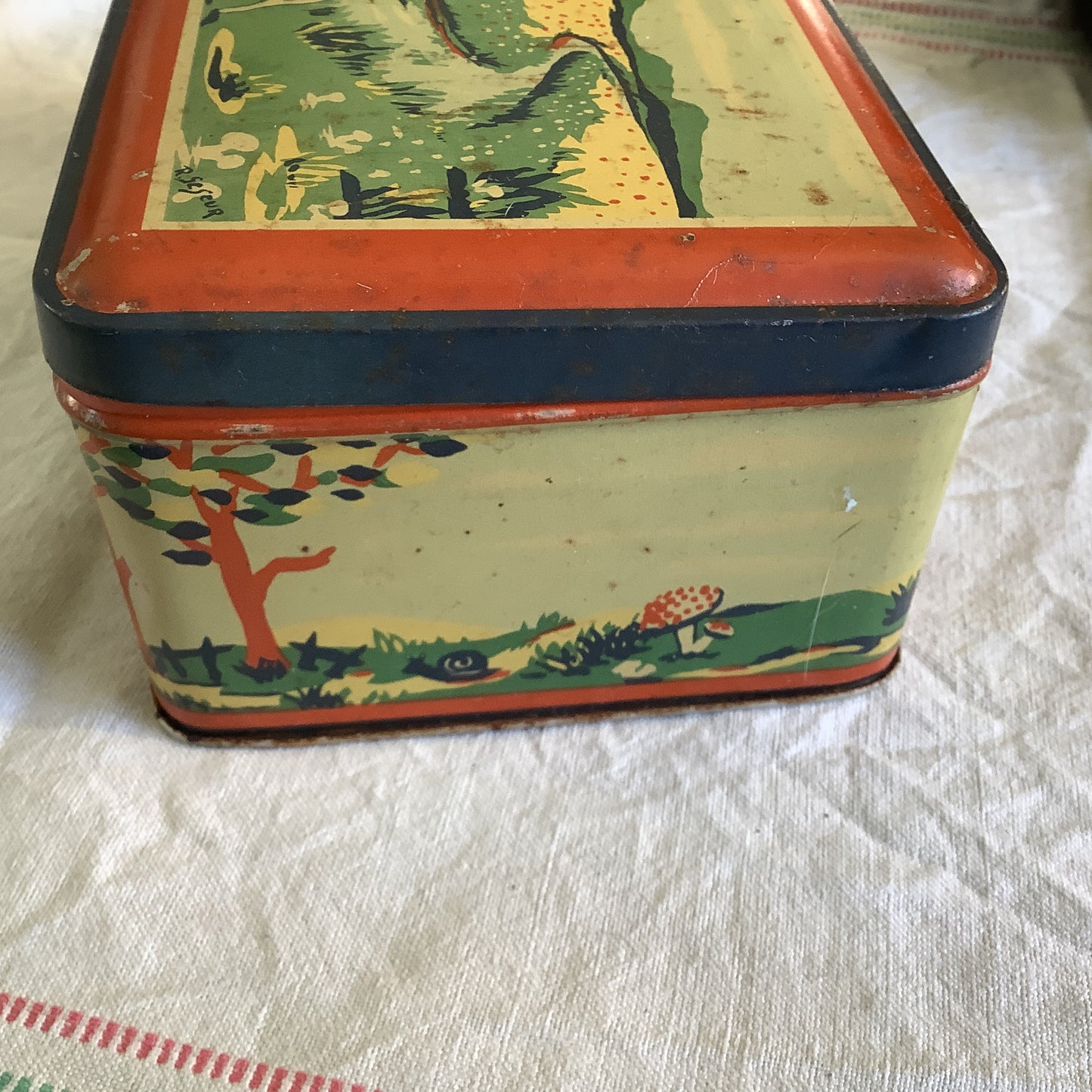 Vintage 1940s Tin Box Made in France Child Fables Wolf, Lamb, Tortoise and the Hare, Artist name R. Seseur