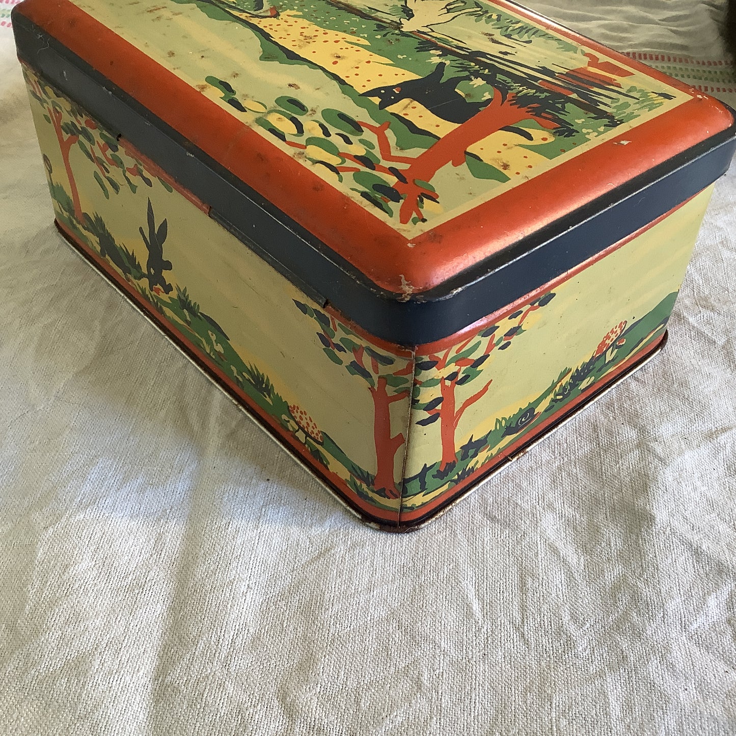 Vintage 1940s Tin Box Made in France Child Fables Wolf, Lamb, Tortoise and the Hare, Artist name R. Seseur