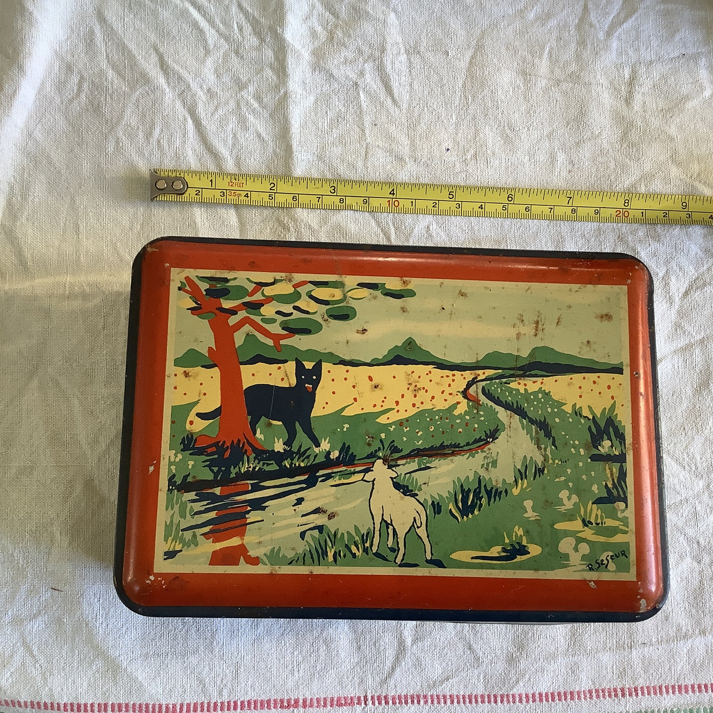 Vintage 1940s Tin Box Made in France Child Fables Wolf, Lamb, Tortoise and the Hare, Artist name R. Seseur