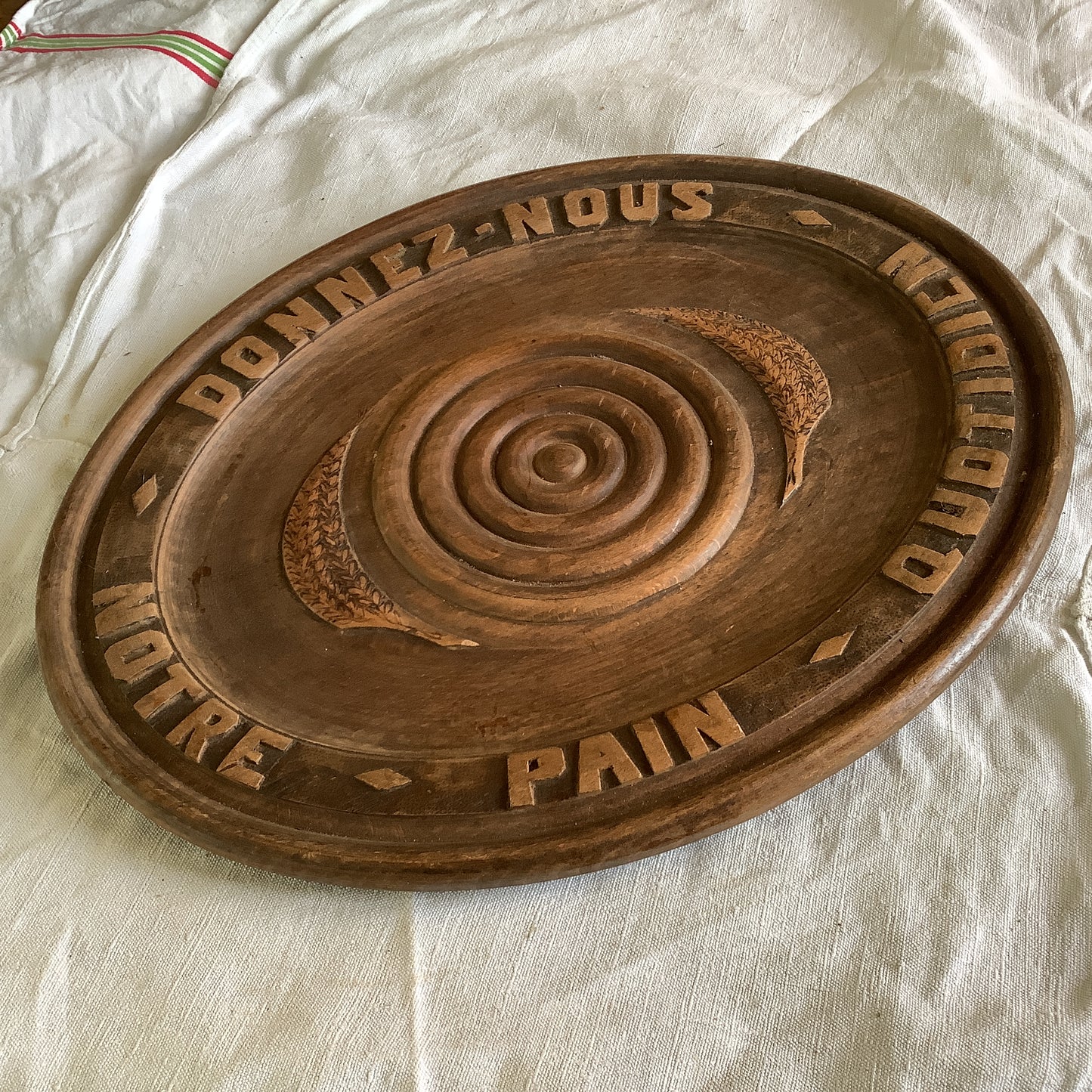 Vintage 1920s Large Oval Wood Bread Board Platter Made in France “Give Us this day our daily bread” in French