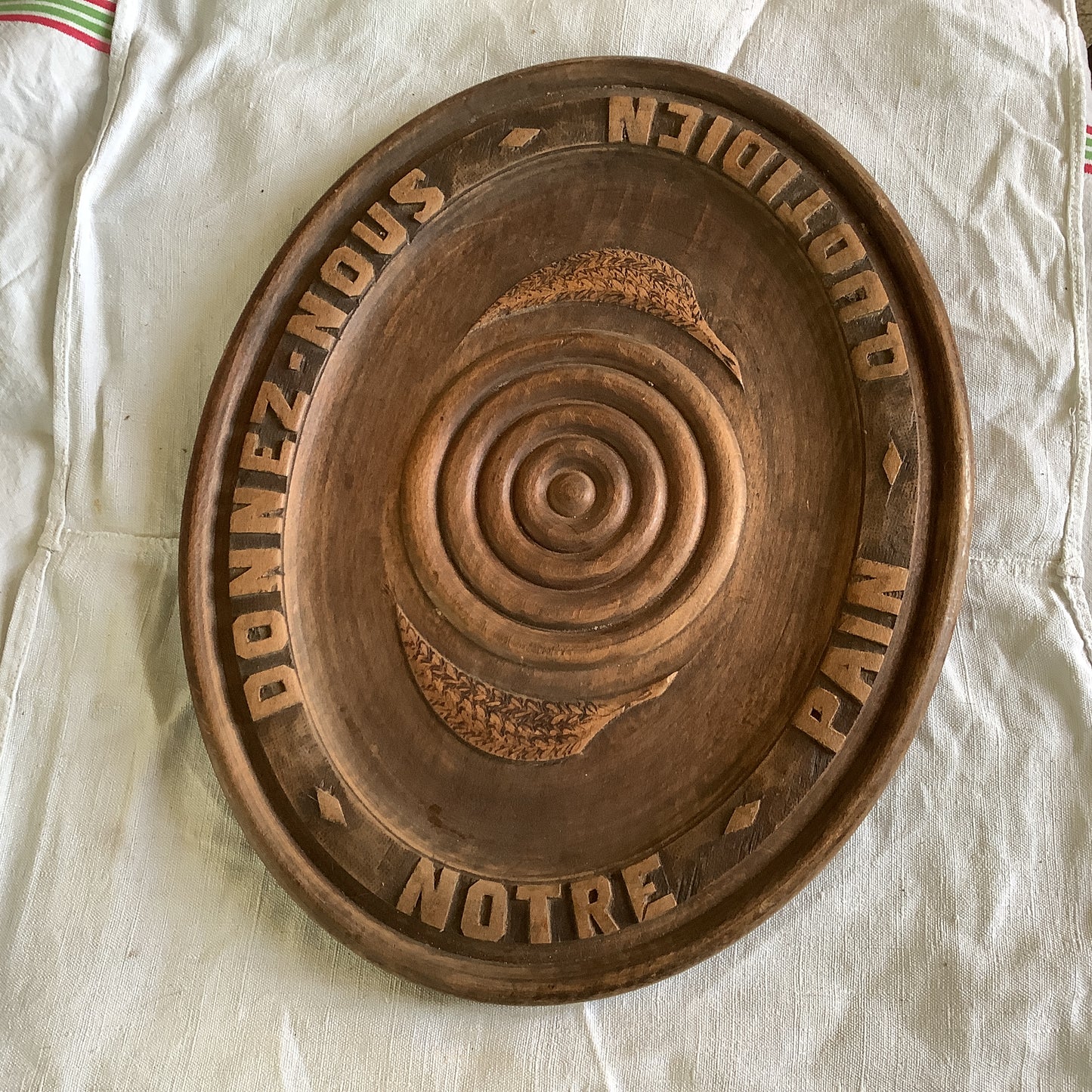 Vintage 1920s Large Oval Wood Bread Board Platter Made in France “Give Us this day our daily bread” in French