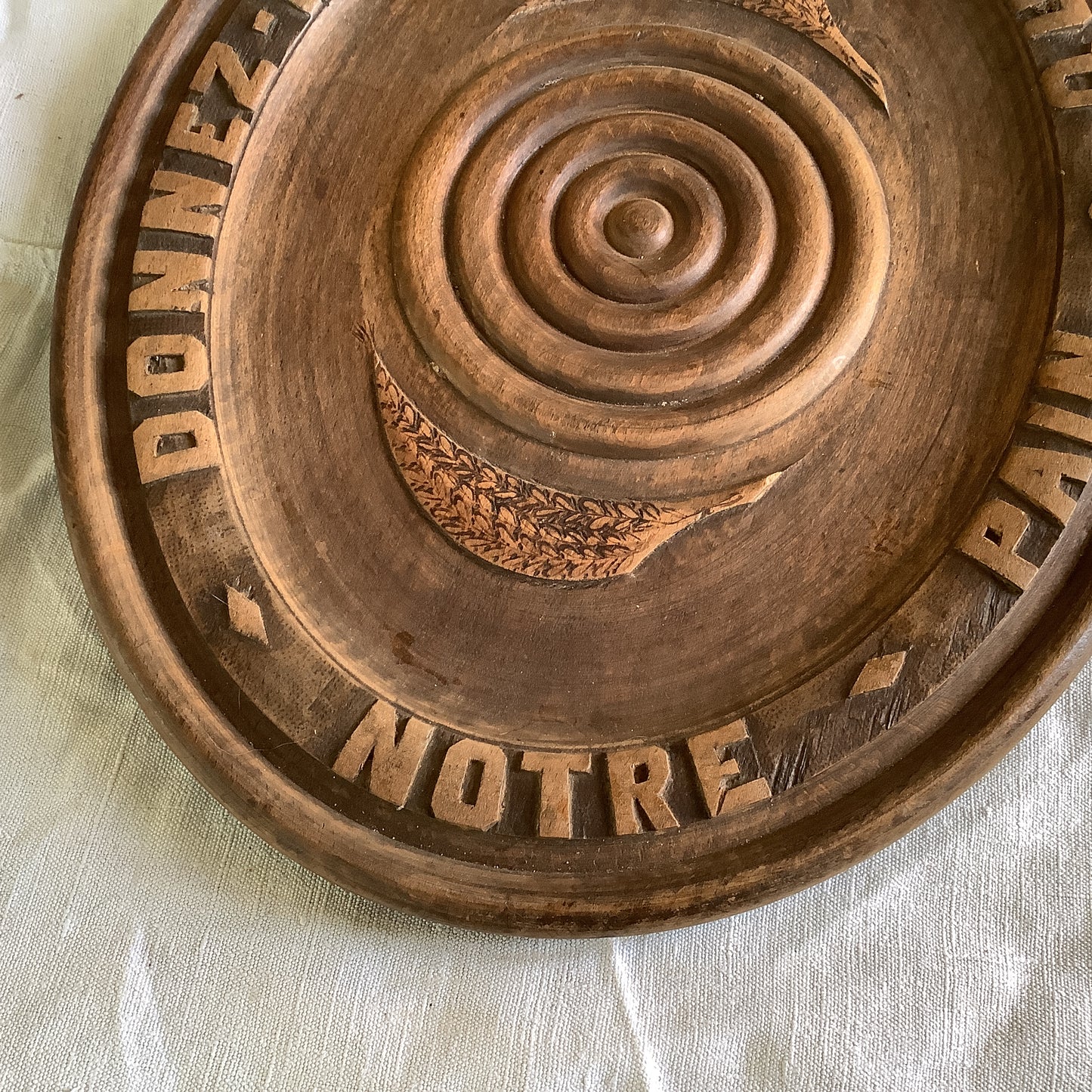 Vintage 1920s Large Oval Wood Bread Board Platter Made in France “Give Us this day our daily bread” in French