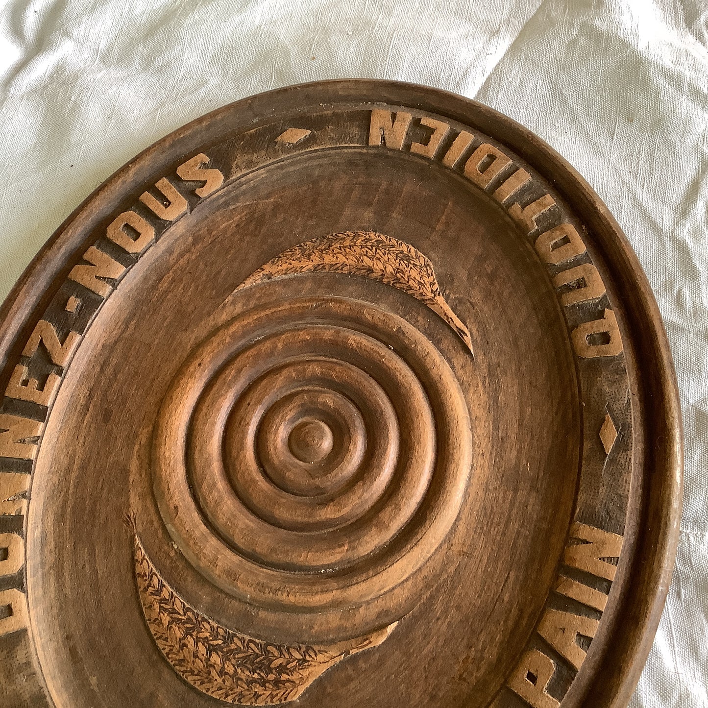 Vintage 1920s Large Oval Wood Bread Board Platter Made in France “Give Us this day our daily bread” in French