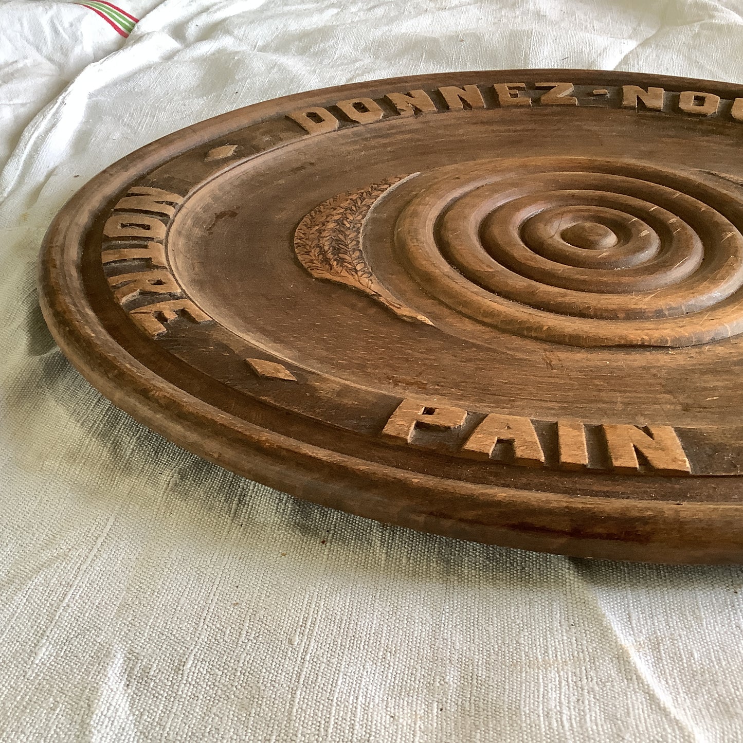 Vintage 1920s Large Oval Wood Bread Board Platter Made in France “Give Us this day our daily bread” in French