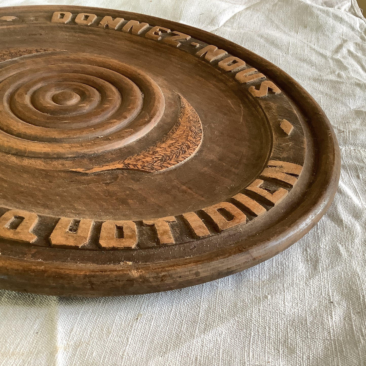 Vintage 1920s Large Oval Wood Bread Board Platter Made in France “Give Us this day our daily bread” in French