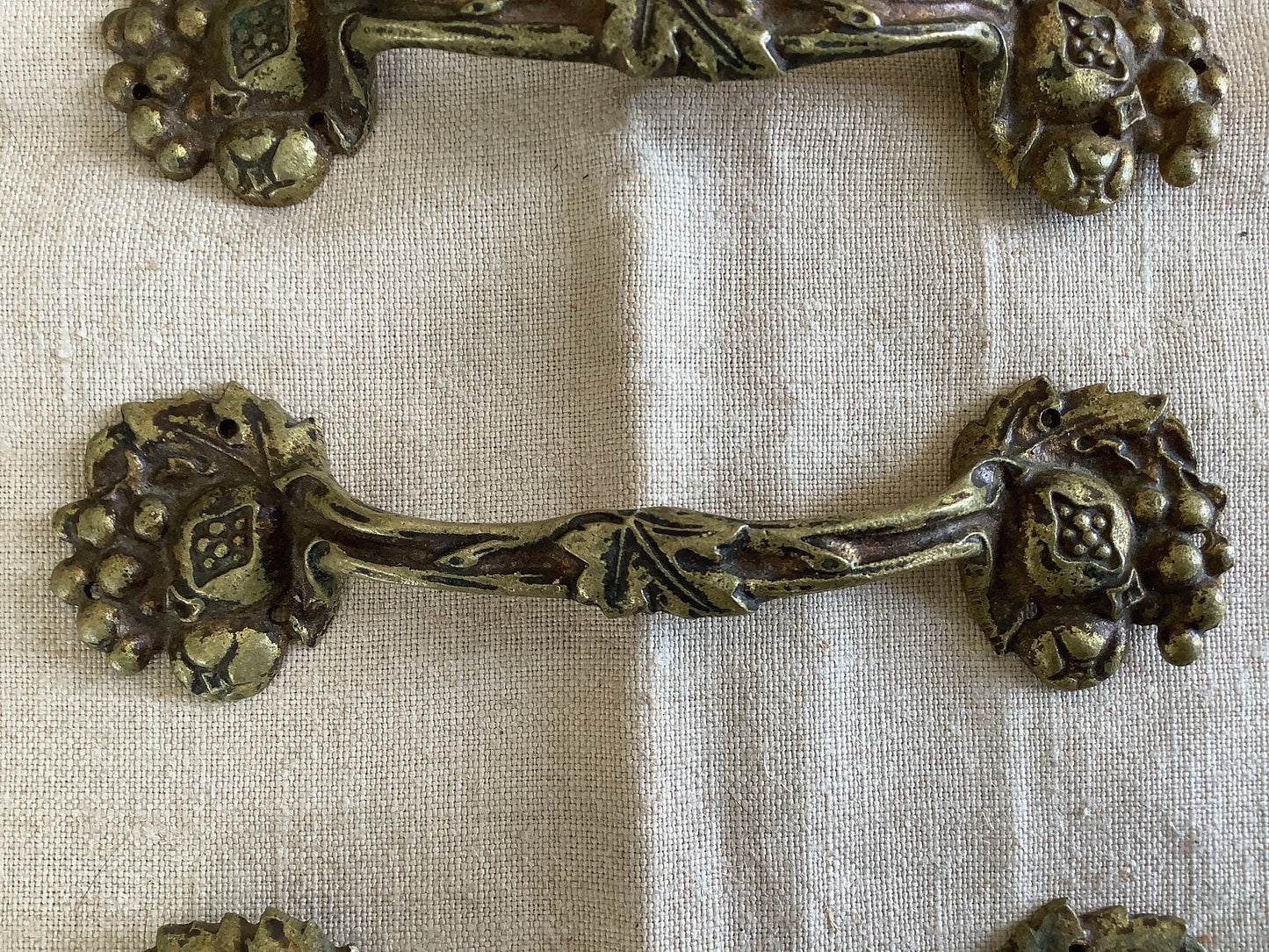 Antique Decorative Three pieces of matching Furniture Handles Ormolu Brass 1900s Polished, made in France, Art Nouveau style