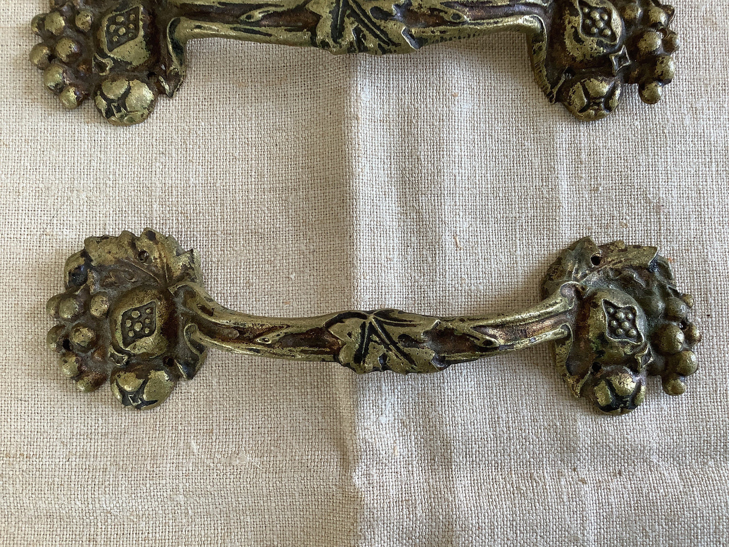 Antique Decorative Three pieces of matching Furniture Handles Ormolu Brass 1900s Polished, made in France, Art Nouveau style