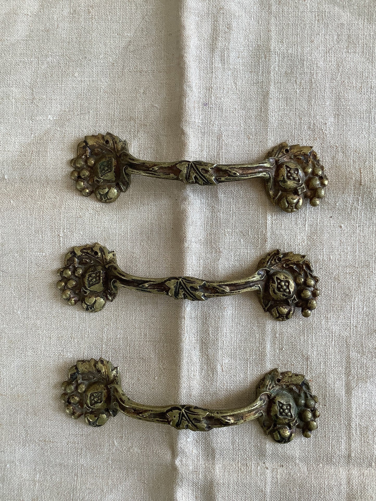 Antique Decorative Three pieces of matching Furniture Handles Ormolu Brass 1900s Polished, made in France, Art Nouveau style