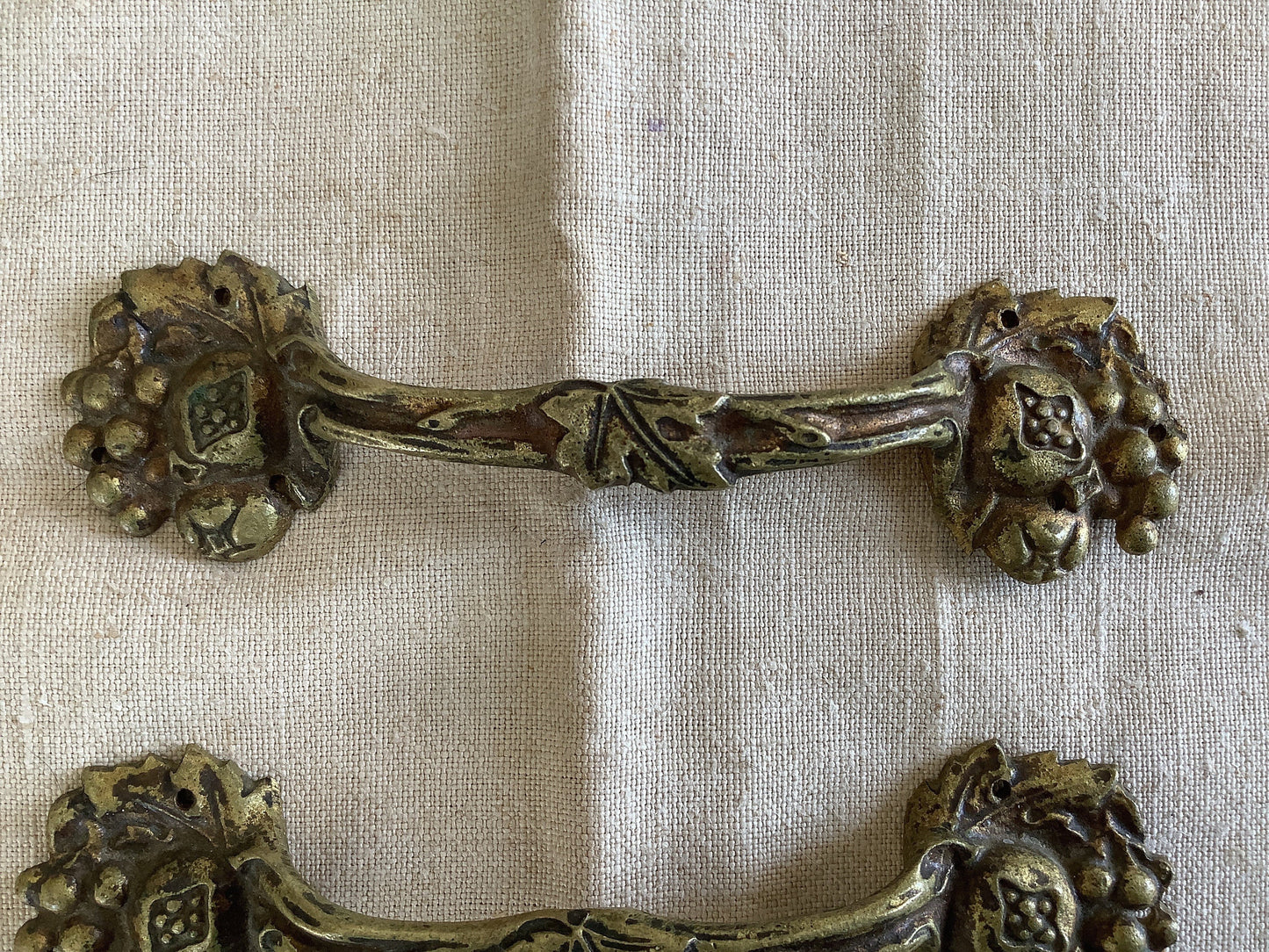 Antique Decorative Three pieces of matching Furniture Handles Ormolu Brass 1900s Polished, made in France, Art Nouveau style