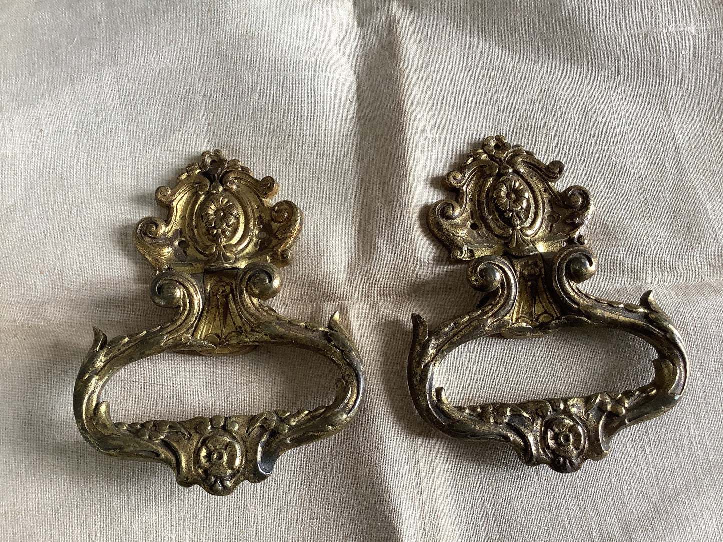 Antique Decorative Two matching Brass  Furniture Handles Ormolu Brass 1900s, made in France