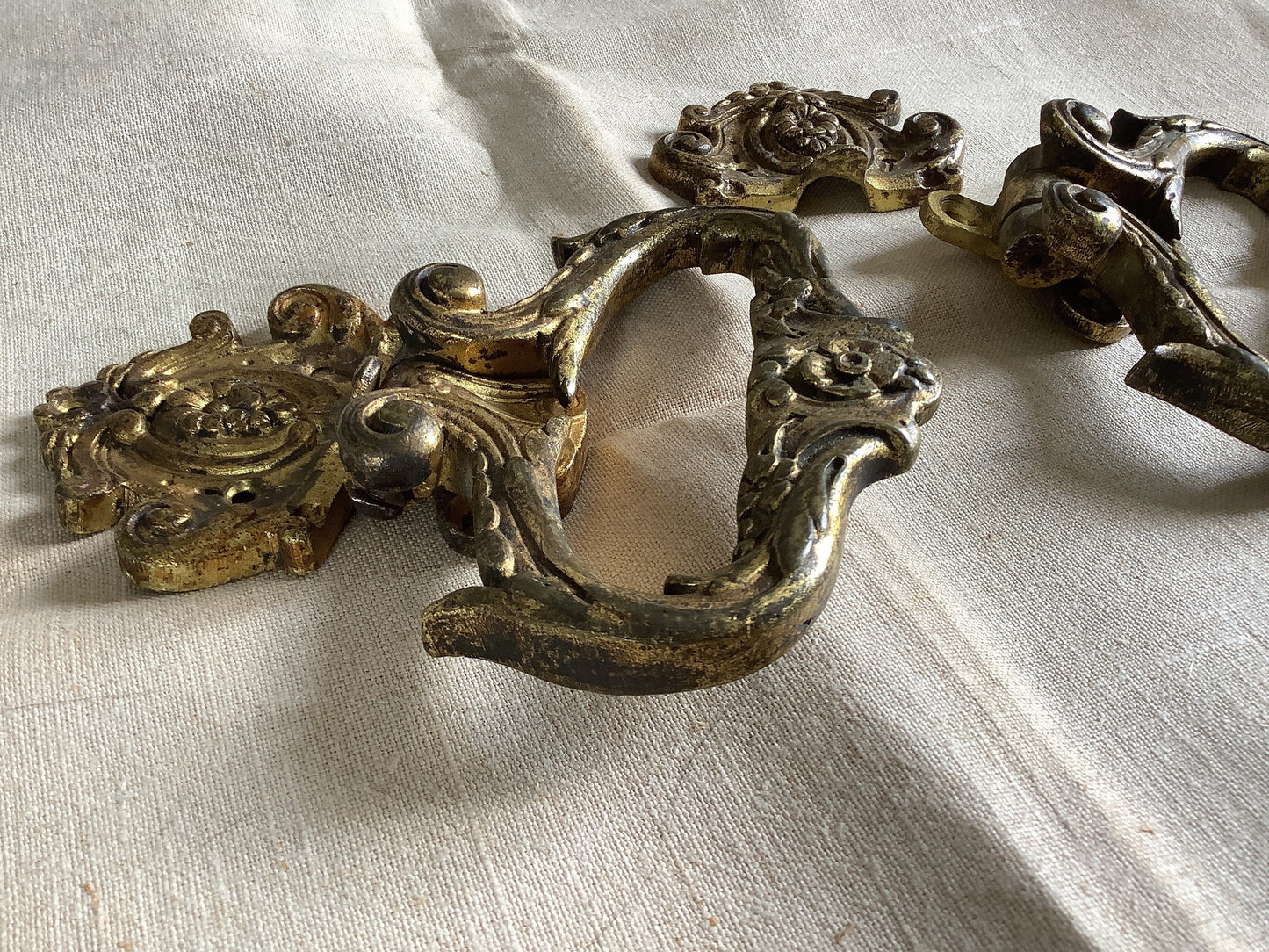 Antique Decorative Two matching Brass  Furniture Handles Ormolu Brass 1900s, made in France