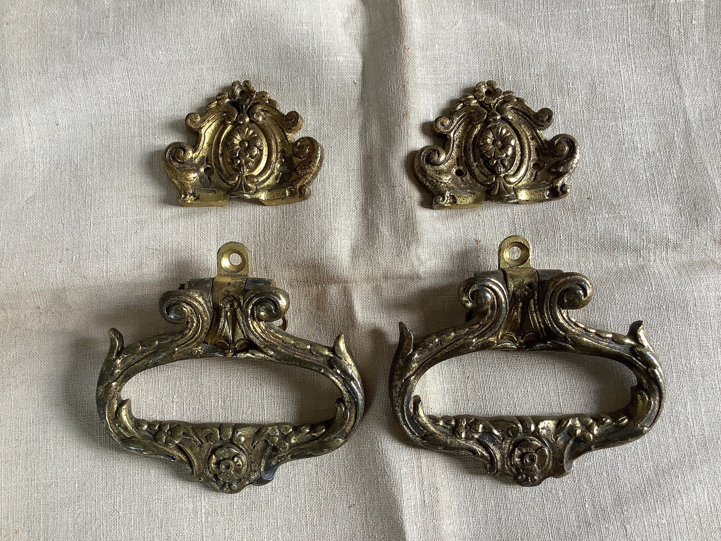 Antique Decorative Two matching Brass  Furniture Handles Ormolu Brass 1900s, made in France