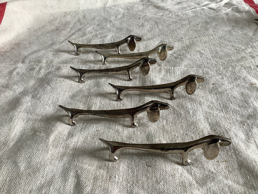 Six matching Vintage Dachshunds  Weiner dogs Shaped Knife Rests French Tarnished Original