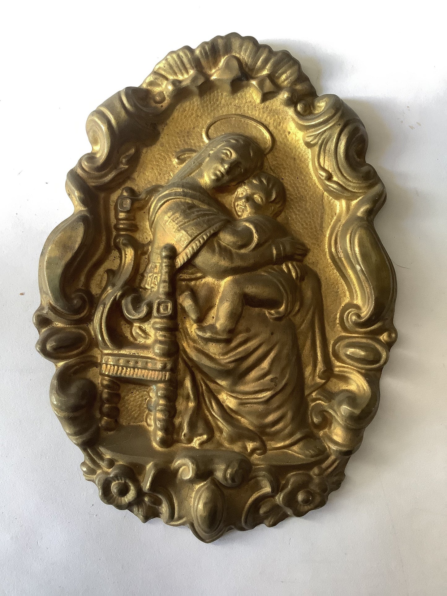 One Large Antique Brass Picture Hook Cover / Mount - 1800's Elaborate Made in France, Mary and baby Jesus or mother and child tin plate