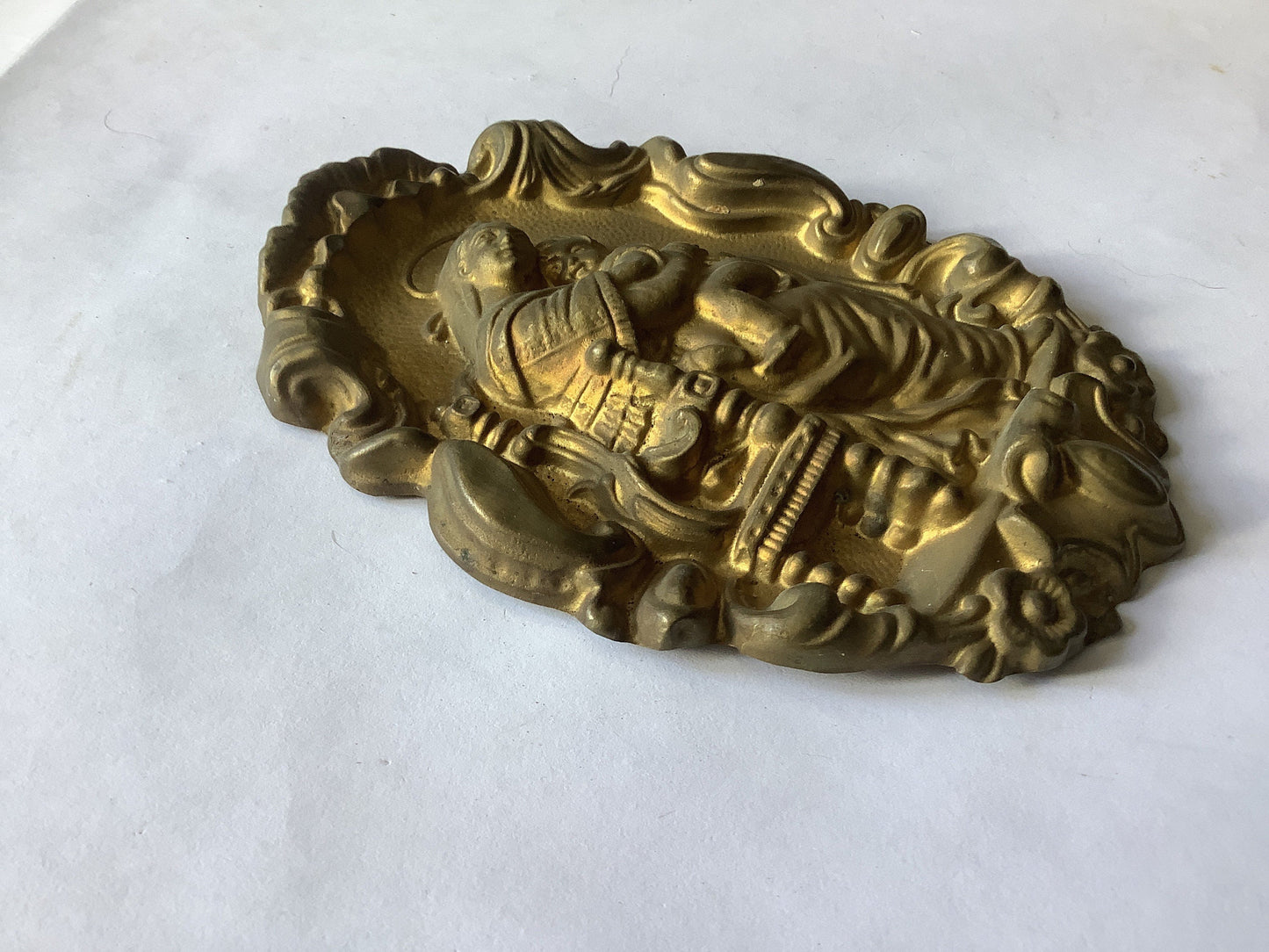 One Large Antique Brass Picture Hook Cover / Mount - 1800's Elaborate Made in France, Mary and baby Jesus or mother and child tin plate