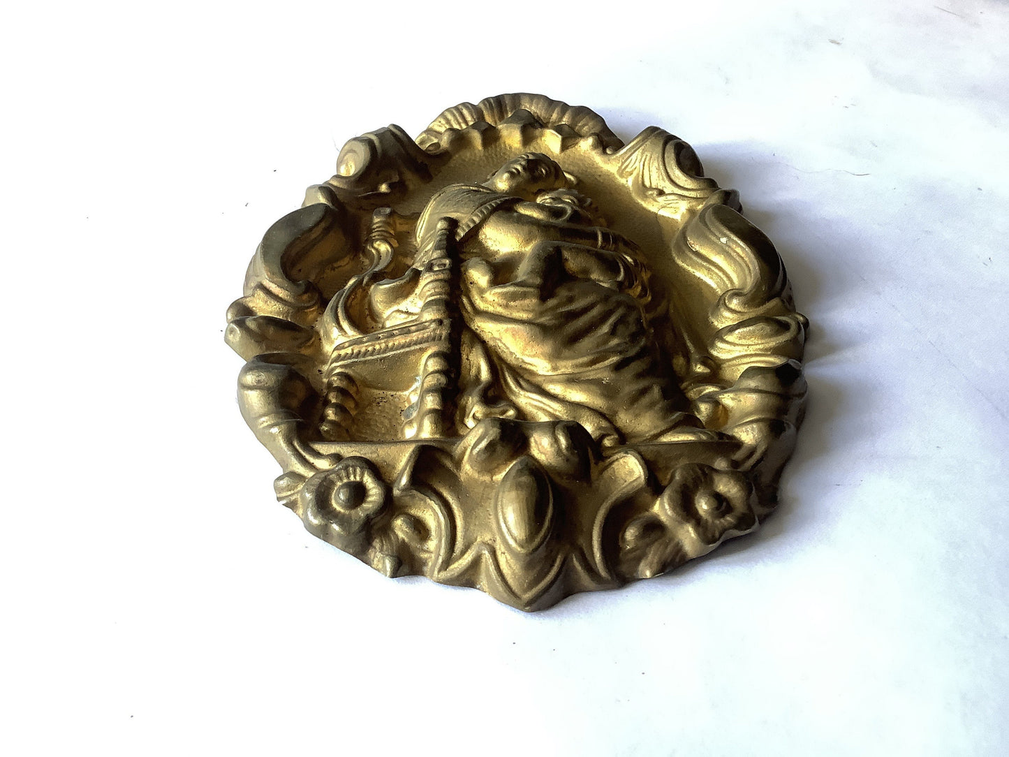 One Large Antique Brass Picture Hook Cover / Mount - 1800's Elaborate Made in France, Mary and baby Jesus or mother and child tin plate