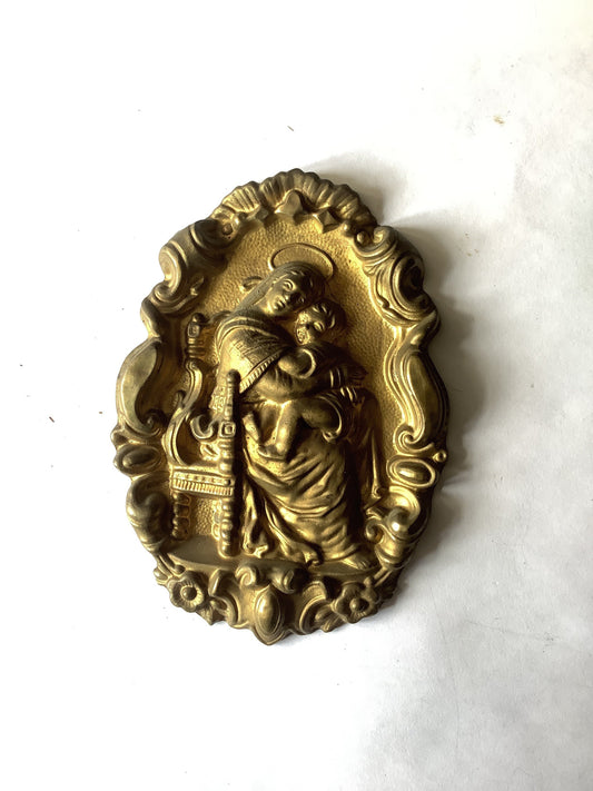 One Large Antique Brass Picture Hook Cover / Mount - 1800's Elaborate Made in France, Mary and baby Jesus or mother and child tin plate