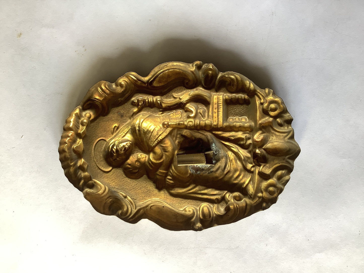 One Large Antique Brass Picture Hook Cover / Mount - 1800's Elaborate Made in France, Mary and baby Jesus or mother and child tin plate