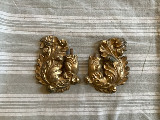 Antique 1900s French Tinplate gold coloured Made in France light metal odd pieces / stage decoration tin plate / curtain finials / Dragons