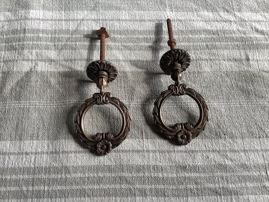 Antique Decorative Two matching circular Brass Furniture Handles Ormolu Brass 1920s, made in France