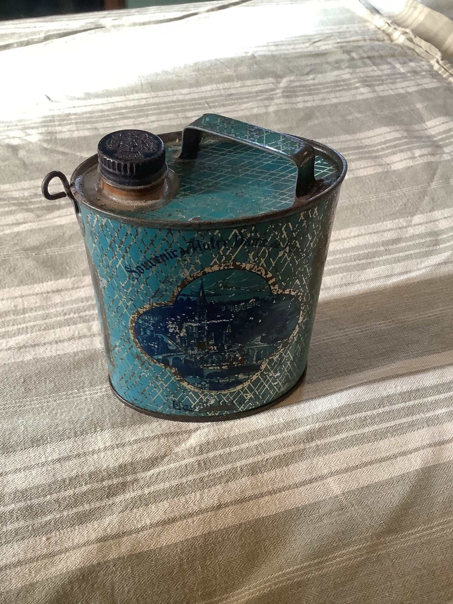 Vintage 1900s Tin Box ‘Made in France’ “Souvenir de Lourdes” Holy water jug it contains no water hip flask