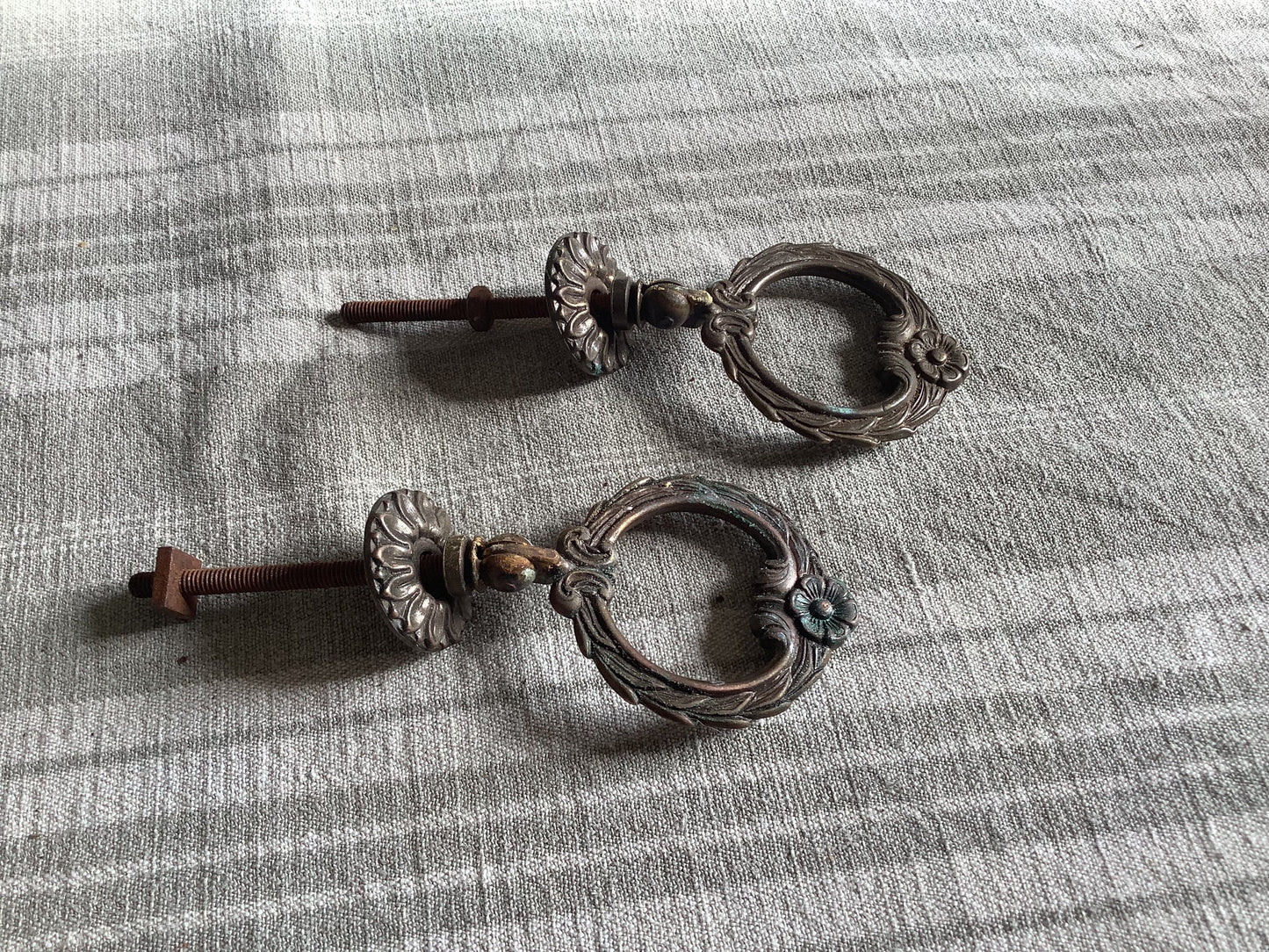 Antique Decorative Two matching circular Brass Furniture Handles Ormolu Brass 1920s, made in France