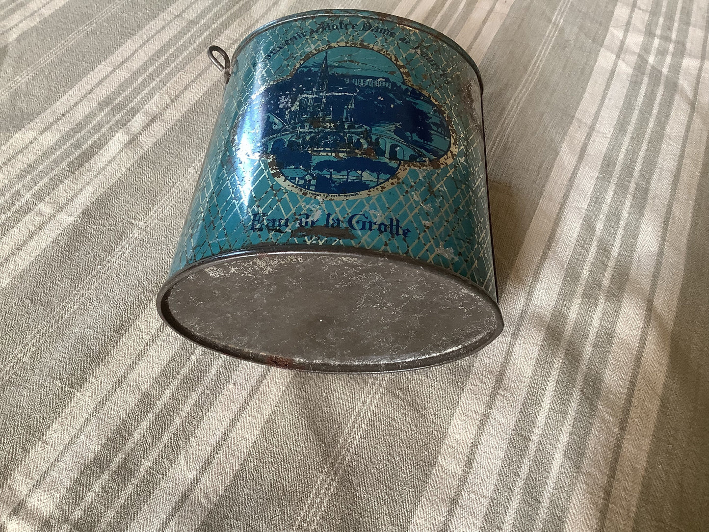 Vintage 1900s Tin Box ‘Made in France’ “Souvenir de Lourdes” Holy water jug it contains no water hip flask