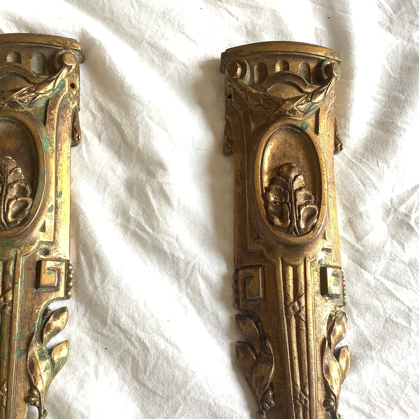 Antique French Ormolu petite Brass Roses and leaves Decorative Hardware Furniture 1900s Two  pieces