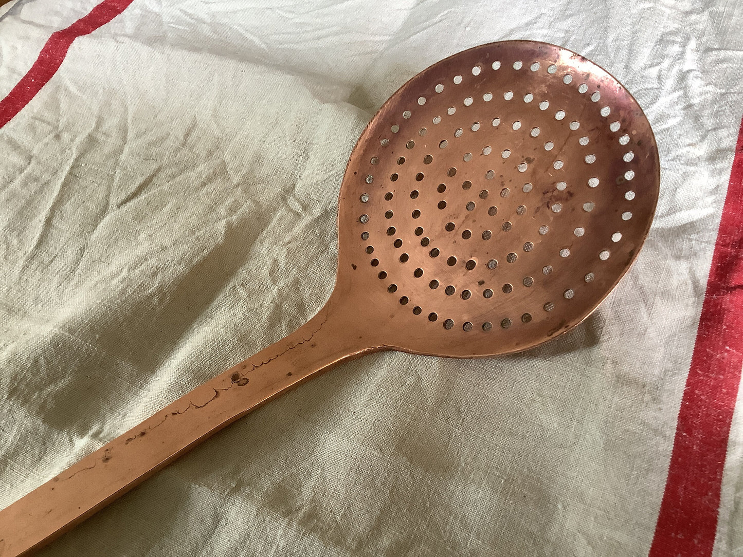 Antique Copper Skimmer Colander Handmade made in France Solid Copper weighs 530 grams