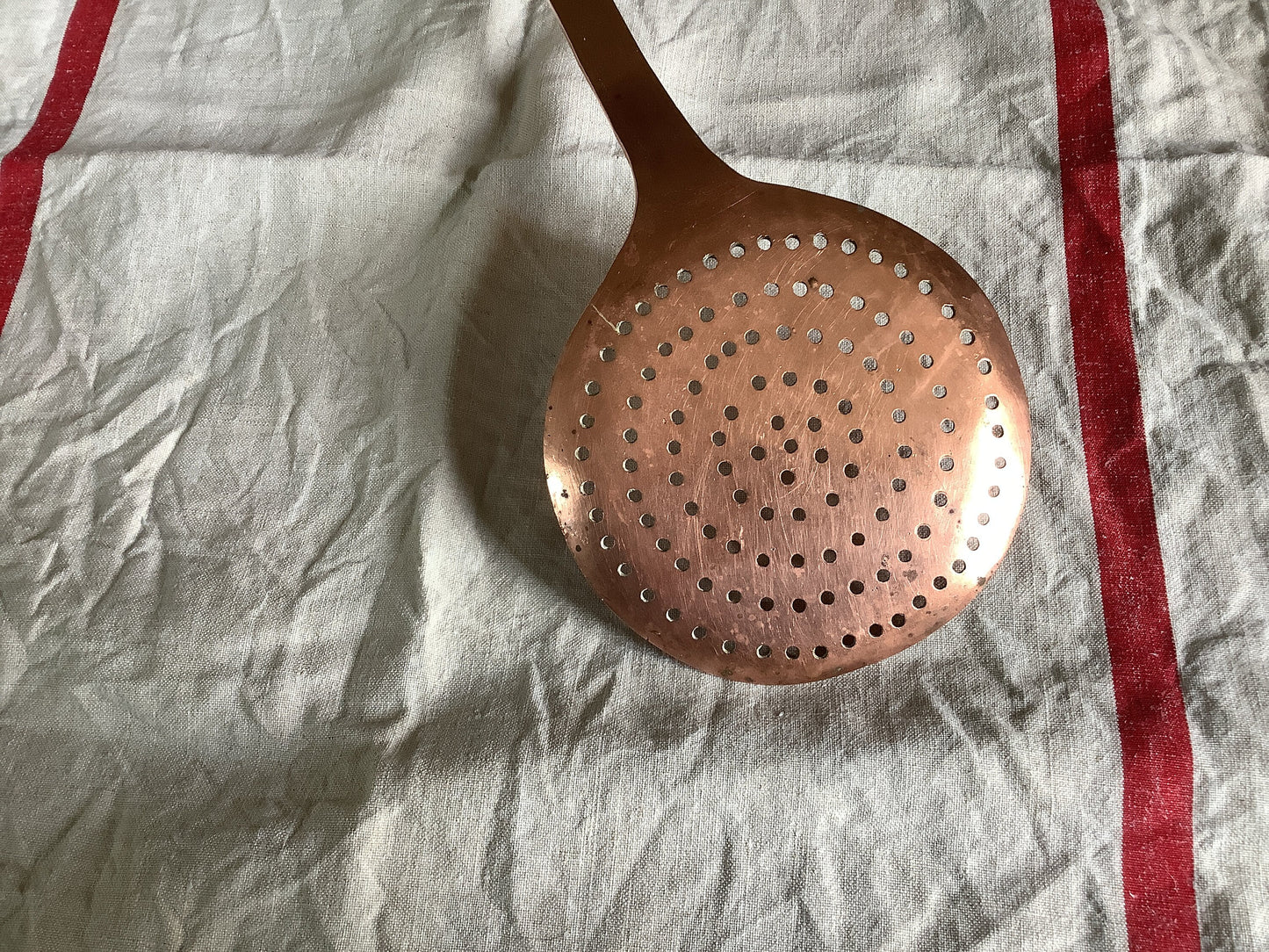 Antique Copper Skimmer Colander Handmade made in France Solid Copper weighs 530 grams