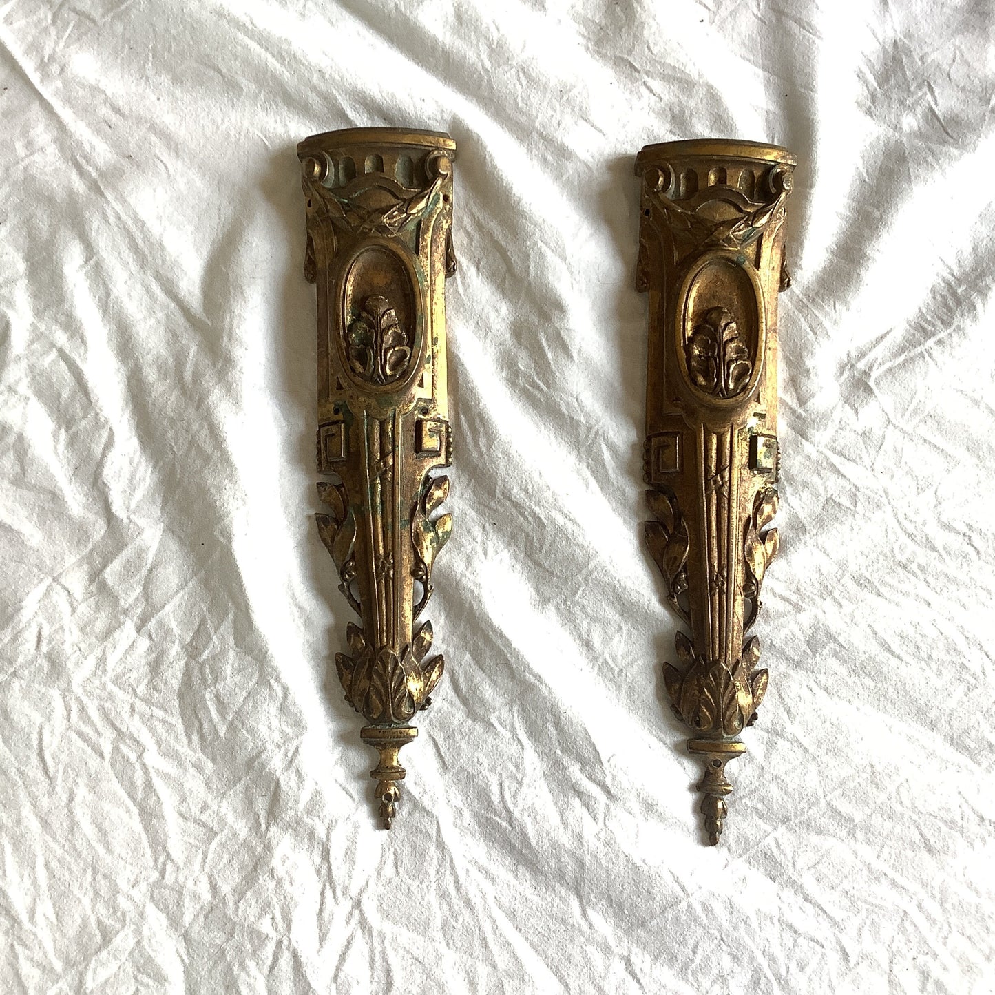 Antique French Ormolu petite Brass Roses and leaves Decorative Hardware Furniture 1900s Two  pieces