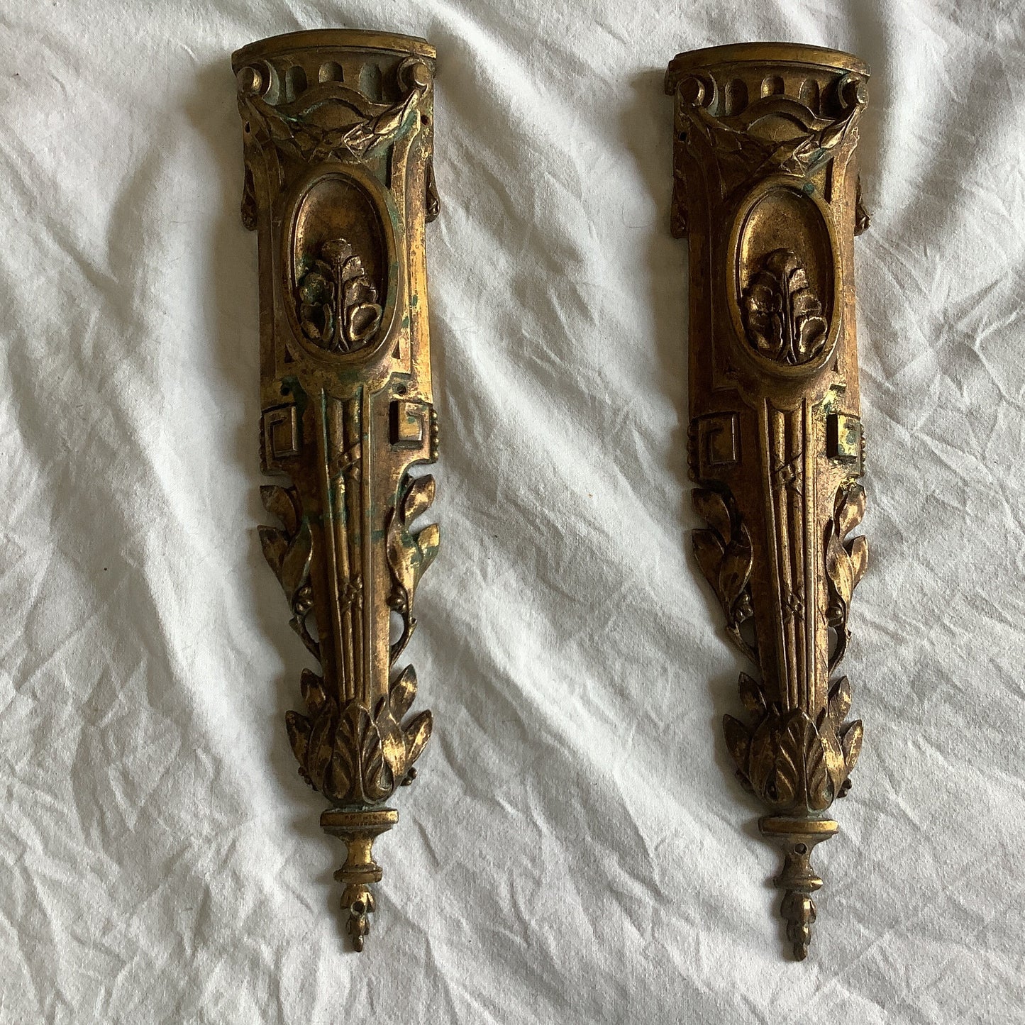 Antique French Ormolu petite Brass Roses and leaves Decorative Hardware Furniture 1900s Two  pieces