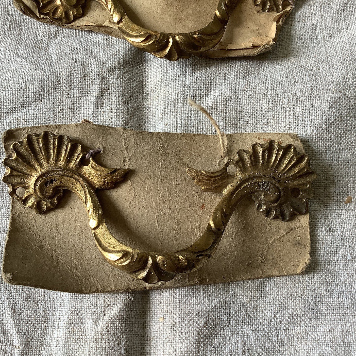 Antique Decorative Set of Two Matching Furniture Handle Ormolu Brass 1920s Old Shop Stock, Never been used, on card with brass nails