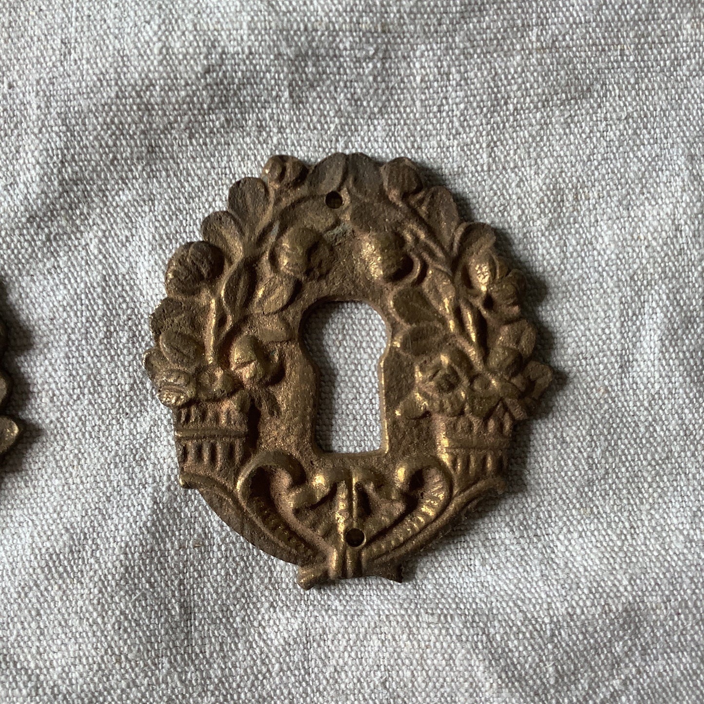 Two matching Antique Brass Keyhole Cover Escutcheon made in France in 1900s flowers in basket