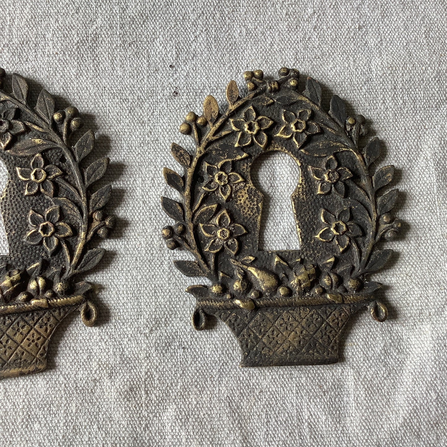 Two matching Antique Brass Keyhole Cover Escutcheon made in France in 1900s flowers in basket