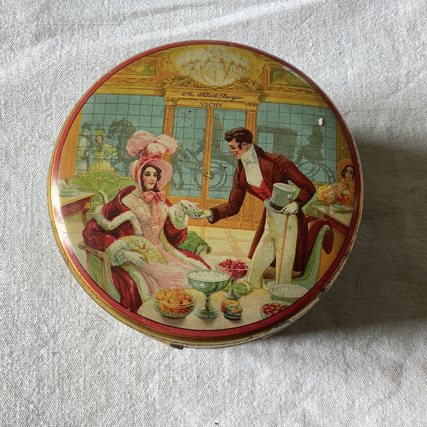 Vintage 1940s Vintage Petite Round Tin Box Made in France box produced by Vichy round tin beautiful french architecture depicted